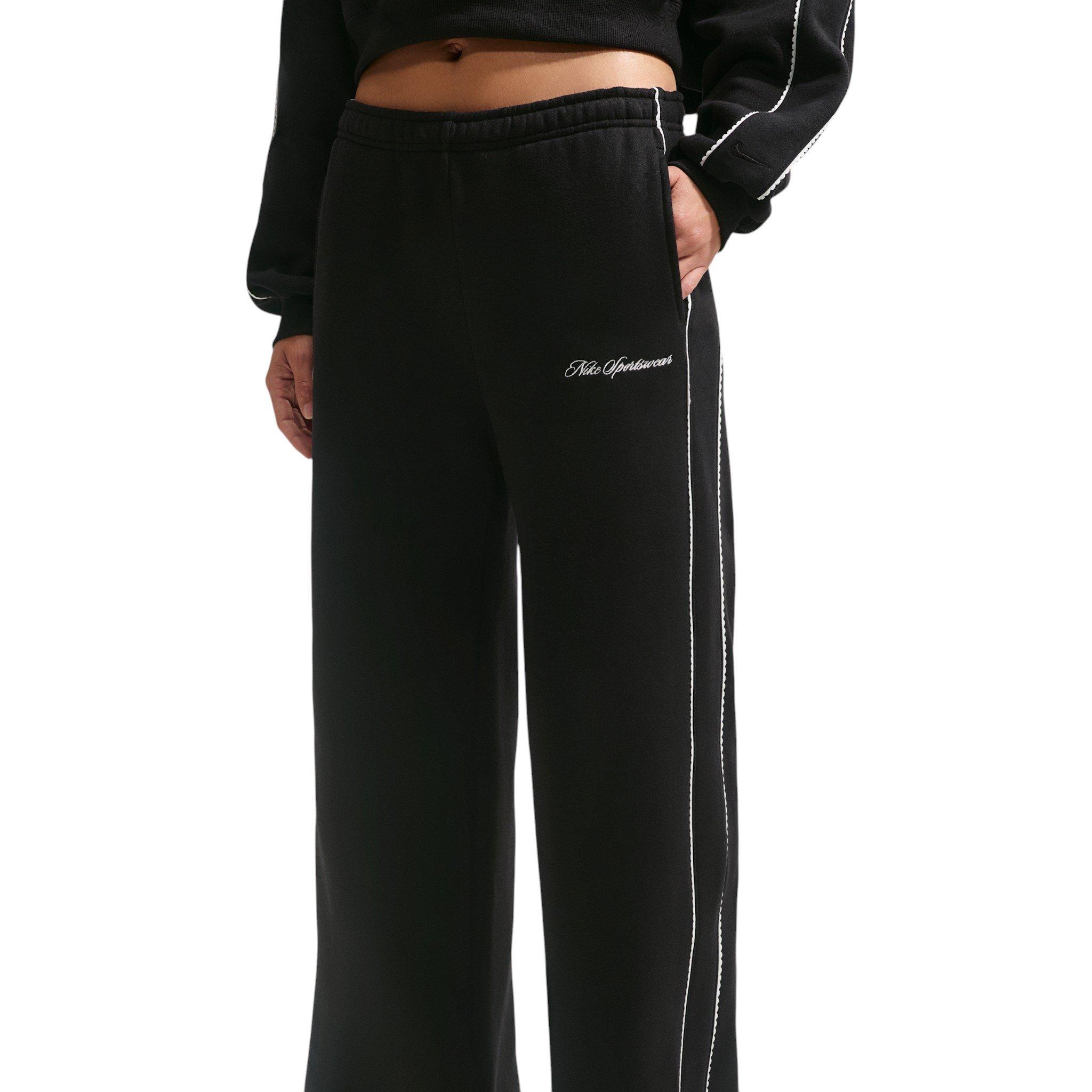 Nike Women's Studio Fleece Med-Weight "Graphic Pack" Mid-Rise Wide-Leg Pants - Black - BLACK
